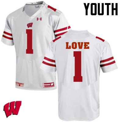 Youth Wisconsin Badgers NCAA #1 Reggie Love White Authentic Under Armour Stitched College Football Jersey XW31I18GT